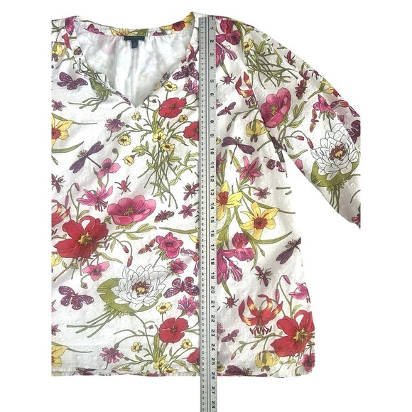 Talbots Blouse White Muticolored Flowers Dragonflies 100% Cotton Lined XL Spring - Picture 4 of 11